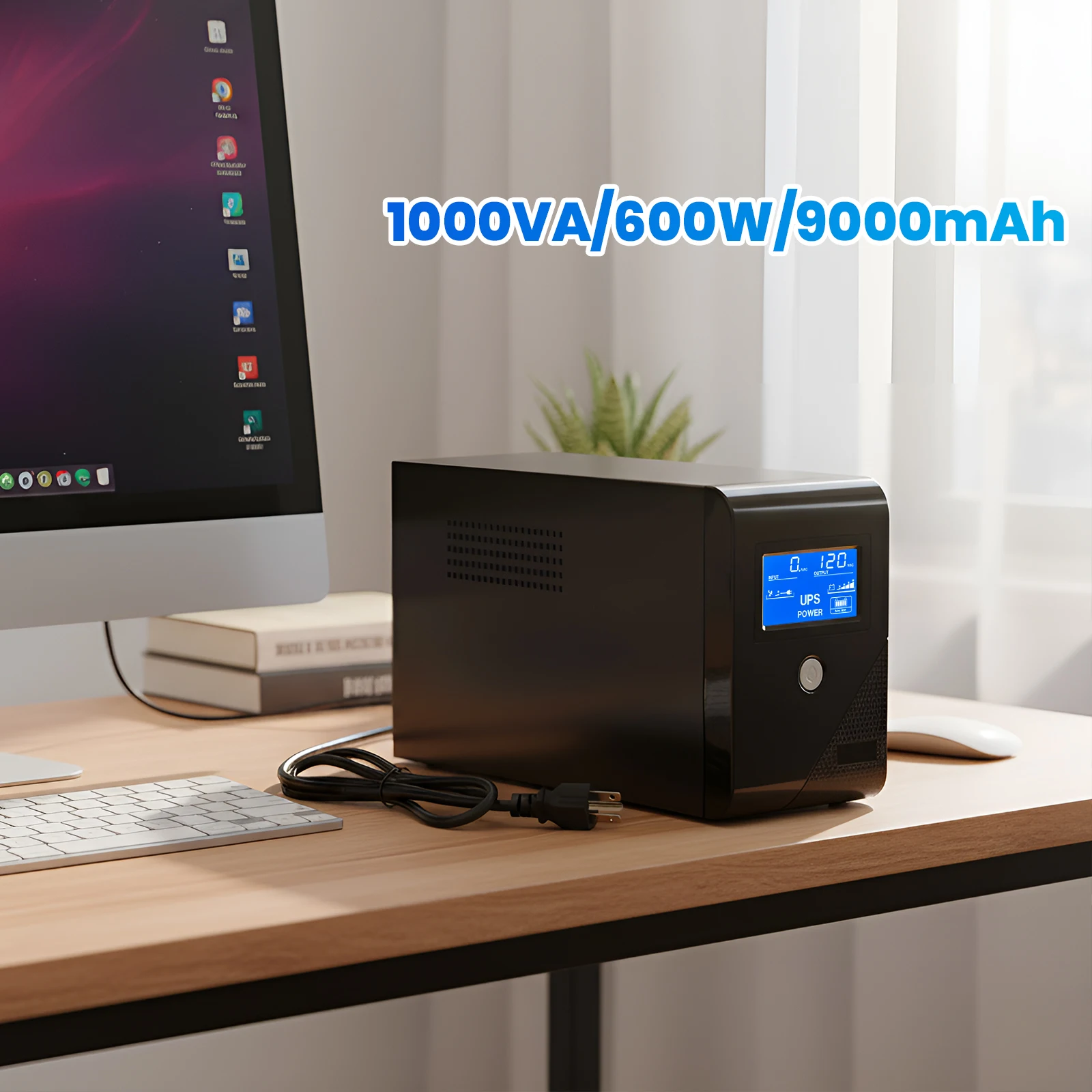 1000VA 120V Backup UPS Power Supply 600W Battery Backup Power 3 Outlets LCD Display for Home and Office