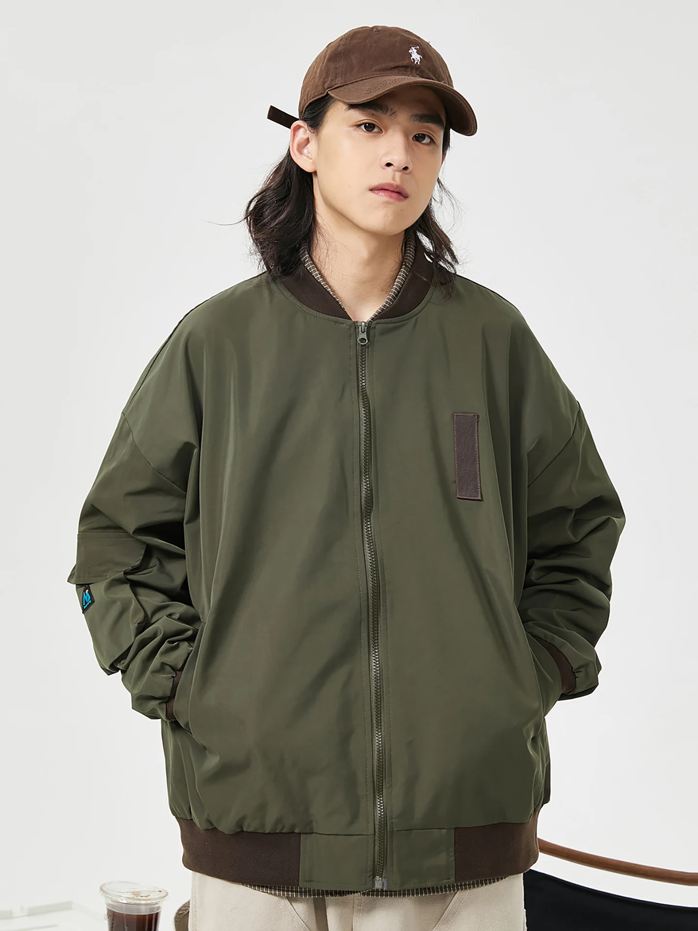 

American Retro Color Blo Pilot Jaet Men's Spring Loose Versatile Baseball Outwear Polyester Long Sve Zipper Closure