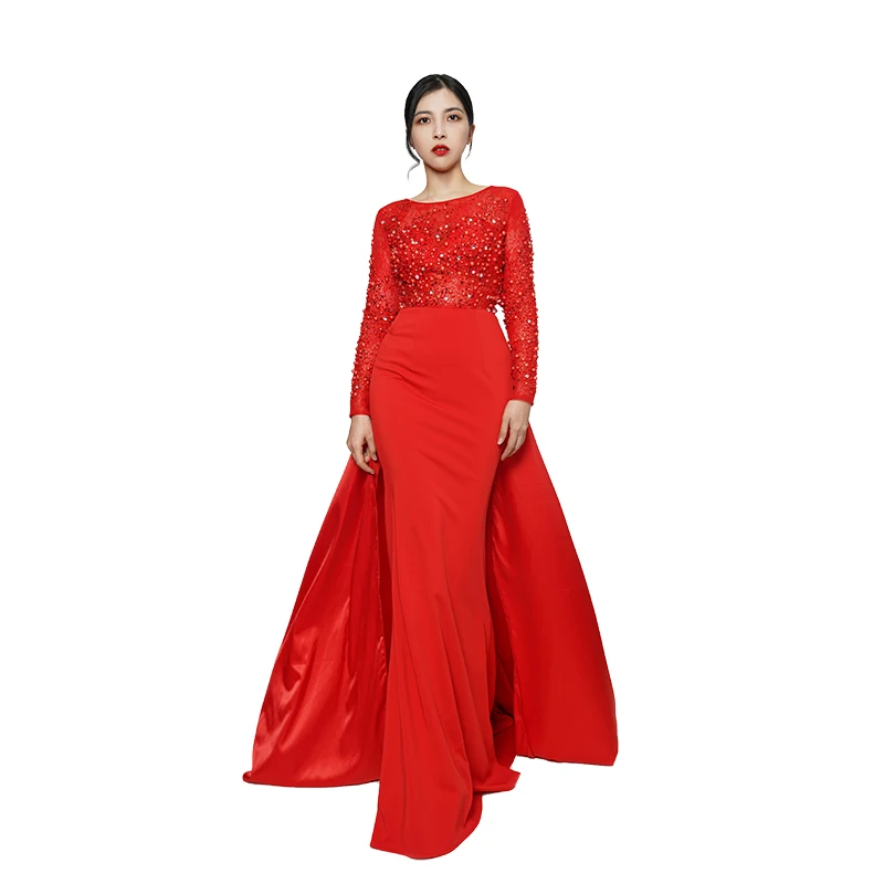 Baisha-vestido de noche rojo personalizado para mujer, conjunto de 2 piezas con cinta trasera desmontable, falda larga con cuentas de lujo, 160304