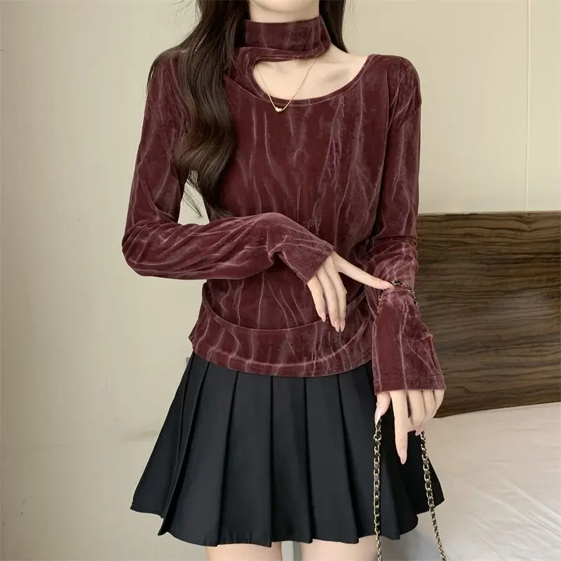 French Retro Velvet Shirt for Women Hanging Neck Inner Layer Bottom Layer Sweet and Spicy Ins Style Outer Top