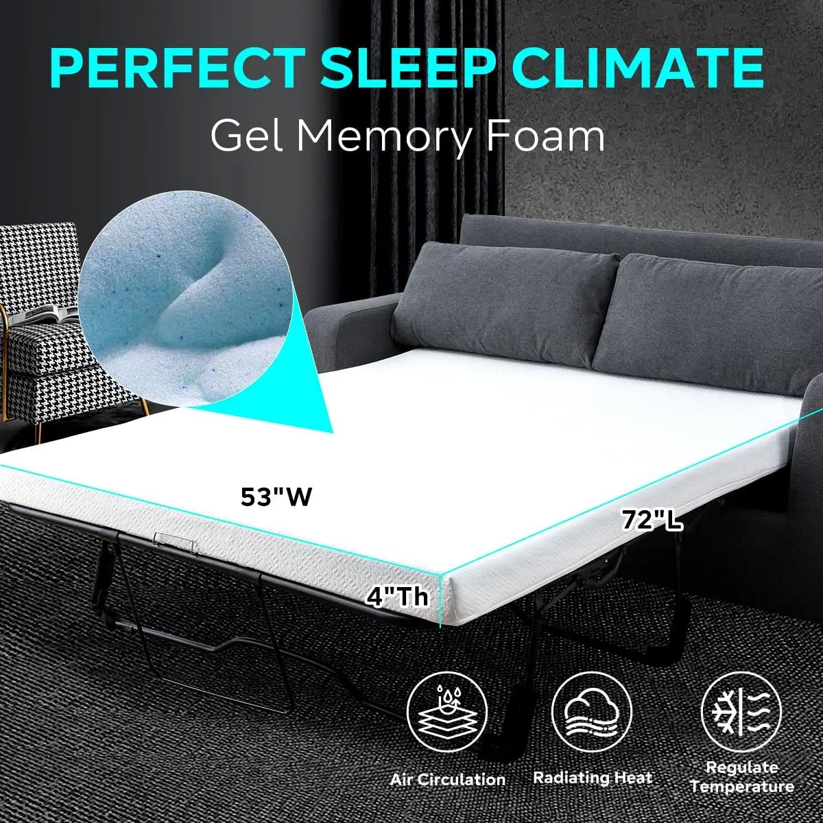 Gel Memory Foam Replacement Mattress for Sleeper Sofa and Couch Beds, 4 Inch, Fiberglass-Free and Washable Cover, U.S. Standard