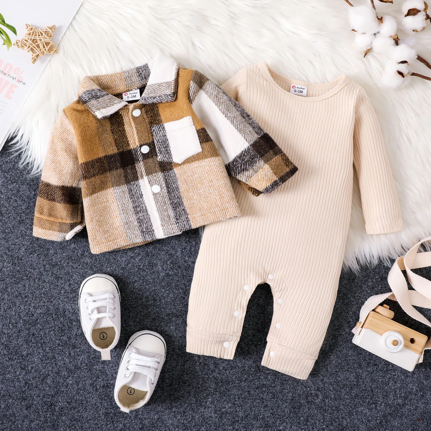 PatPat 2pcs Baby Boy/Girl  Casual Plaid Jumpsuit Long Sleeve Round Neck Set