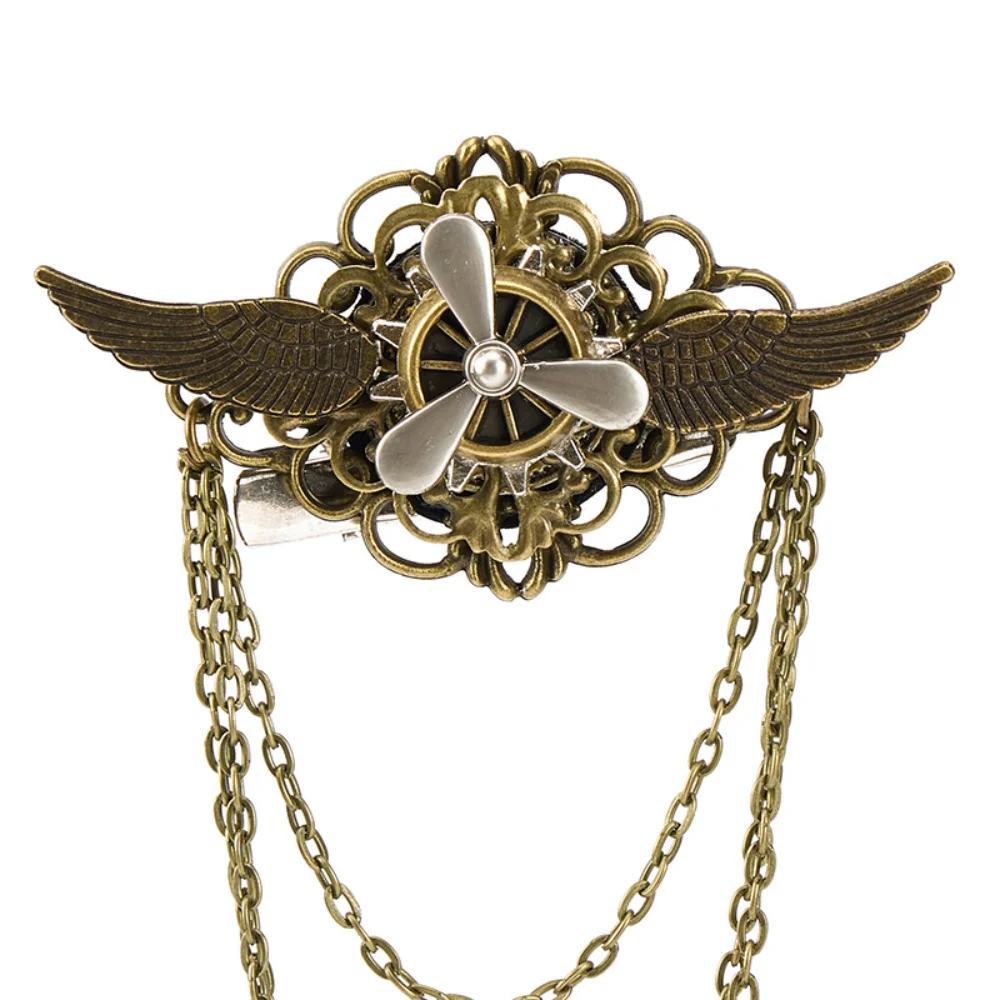 Steampunk Retro Wing Propeller Brooch Gothic Style Chain Tassel Pin Shirt Collar Pin Personalized Style Decorative Accessory