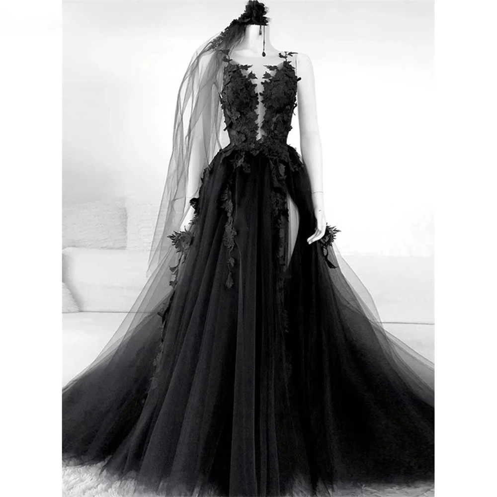 Lily Black Gothic Prom Dresses Sexy Backless High Side Split A-line Evening Dress Lace Formal Party Gowns With Veil Customized