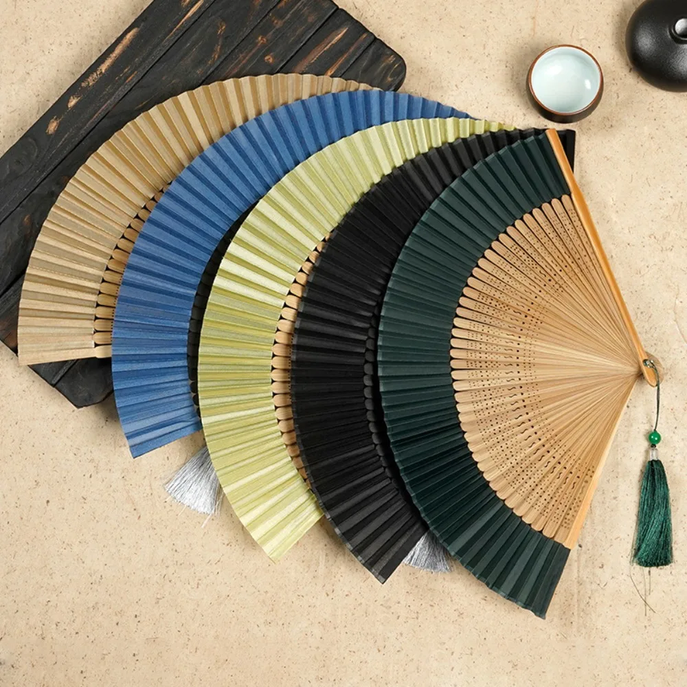 Home Decoration Carved Handle Bamboo Folding Fan Handhold with Tassel Chinese Fan Vintage Dance Fan Summer