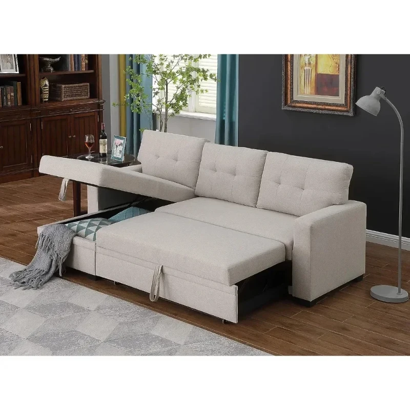 L-Shape Convertible Sleeper Sectional Sofa with Storage Chaise and Pull-Out Bed, Linen Upholstered Reversible Corner Couch