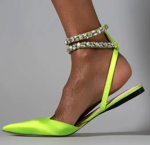 Fluorescent Yellow Pink Sky Blue Silk Bling Crystal Rhinestone Ankle Wrap Pointed Toe Shallow Slingback Flat Summer Sandals Shoe