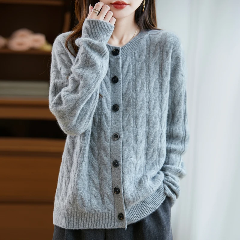 Женский кардиган из 100% шерсти, утолщенный, с круглым вырезом, массивный, вязаный, теплый и стильный, с высококачественной текстурой