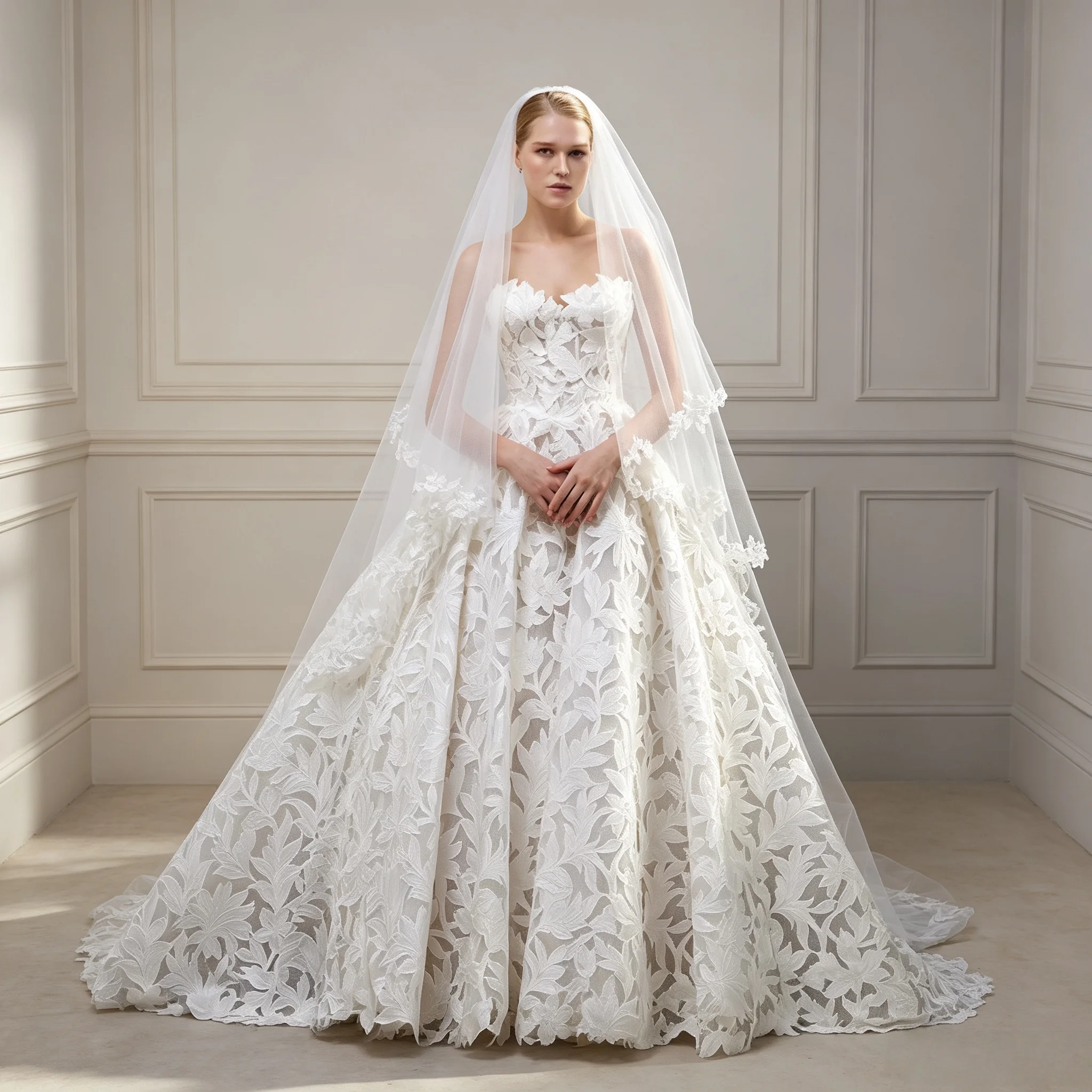 3D Large Leaf Floral Strapless Sweetheart Lace A Line Wedding Dress Corset Bodice Chapel Train Beach Bridal Gown Customizable