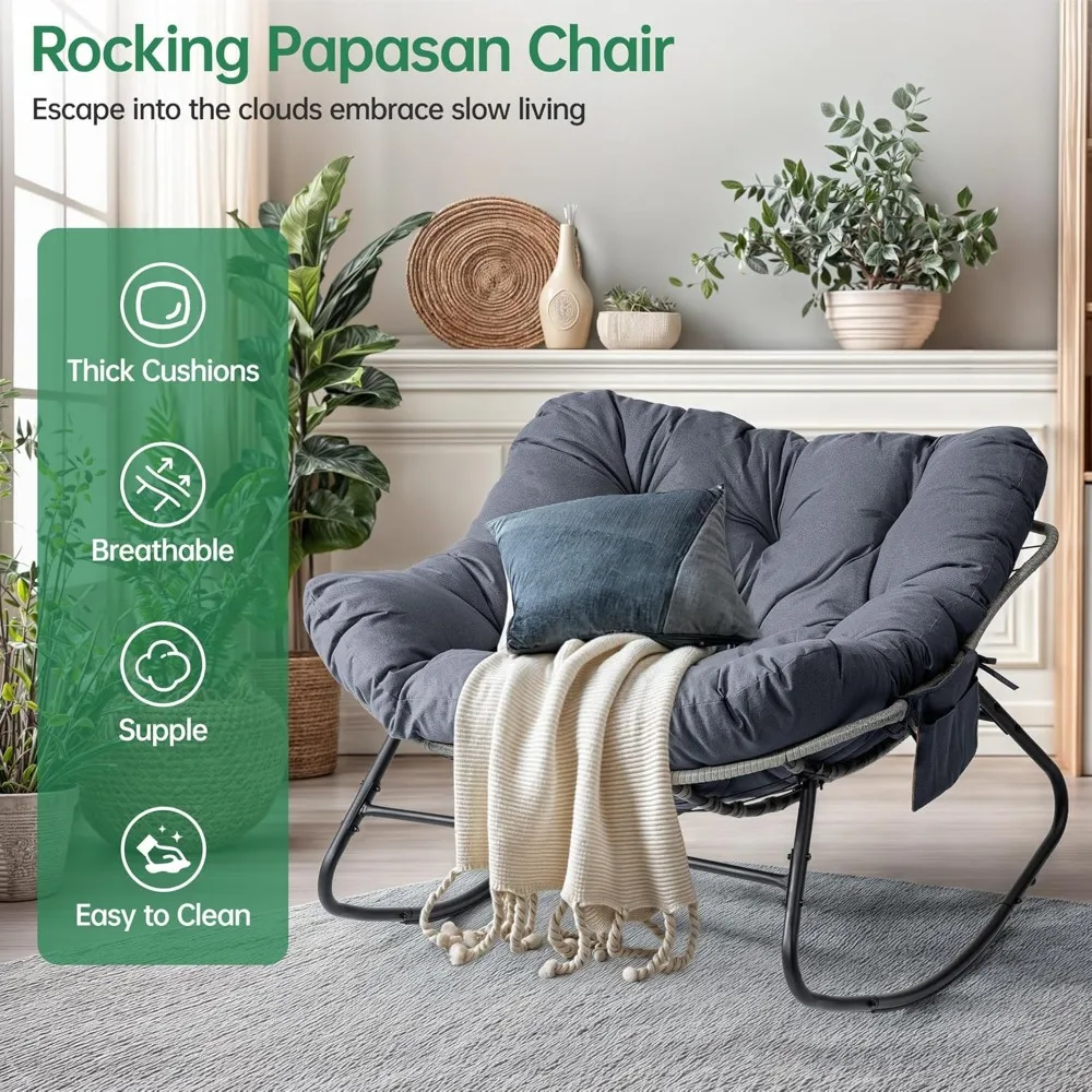 مجموعة كراسي هزازة باباسان الخارجية مكونة من 2، كراسي هزازة داخلية كبيرة الحجم مع وسادة وجيوب جانبية قابلة للإزالة، بيضة هزازة #6