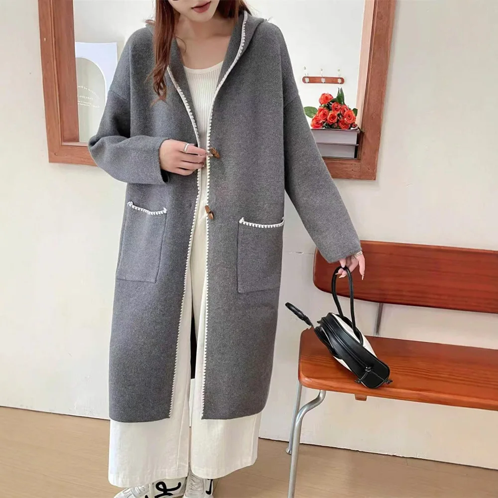 

Hooded Sweater Jacket Women's Clothing Autumn and Winter New Loose Medium and Long Thick Knitted Cardigan Coat