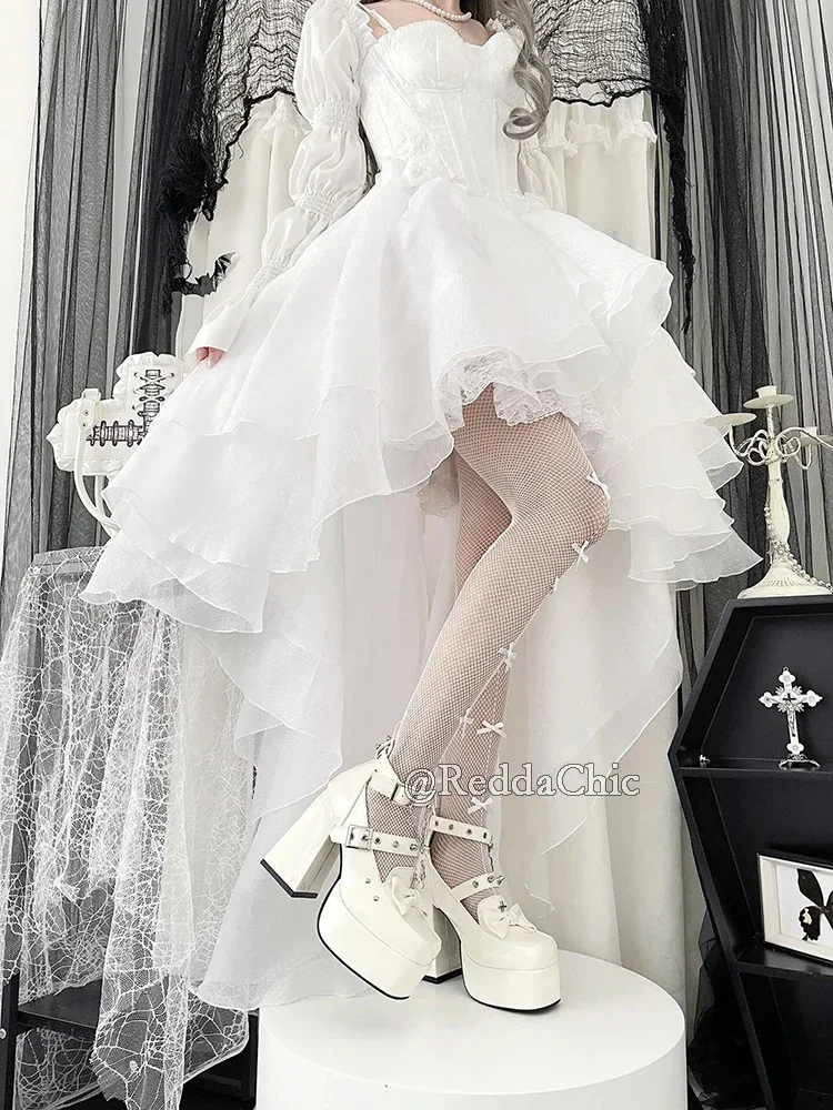 IMU Princess Trailing Party Gown Women White Floral Embroidery Puff Sleeves Lace Up Backless Hi-Lo Mini Dress Wedding Gown