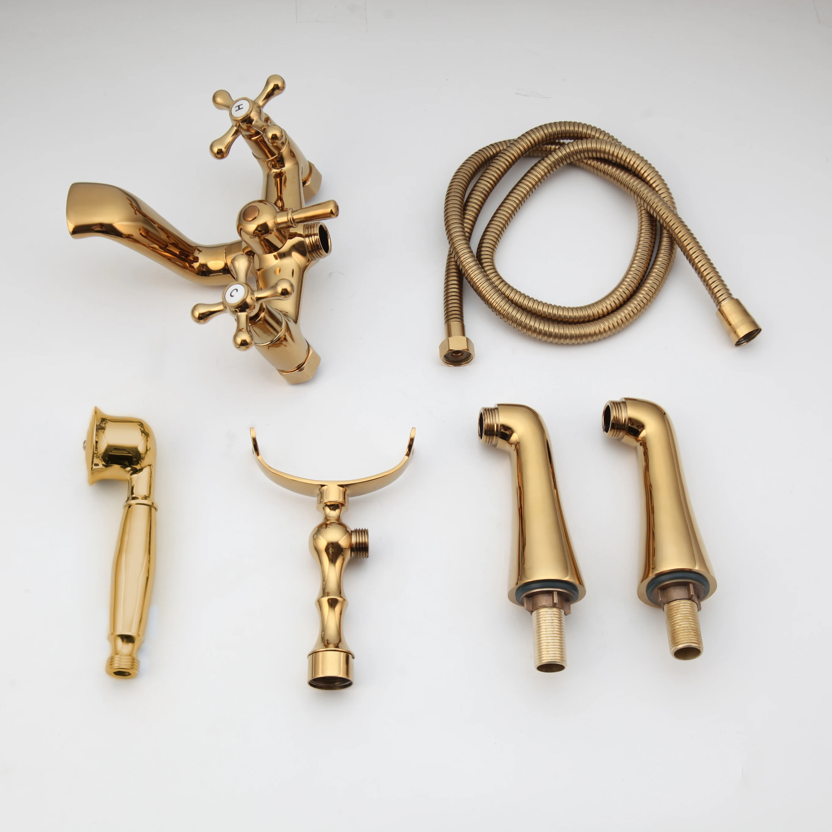 KEMAIDI Antique Brass Golden Bathtub Shower Faucets Set Dual Knobs Mixer Tap Deck Mounted Bath Shower Swivel Tub Spout Shower