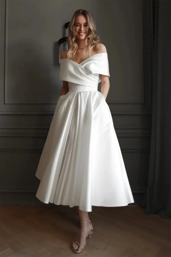 Strand Brautkleider aus Schulter Satin mit Taschen eine Linie einfache elegante Brautkleider Frauen Brautkleid nach Maß