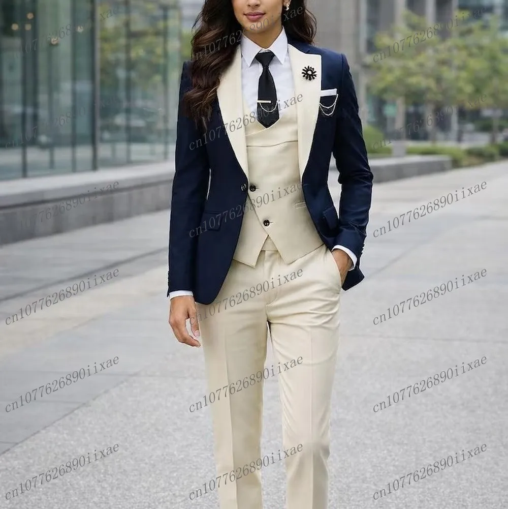 Navy Blue And Ivory Women Suits Lady Business Tuxedos Mother Wedding Party Formal Ladies 3 Piece Set Jacket Vest Pants