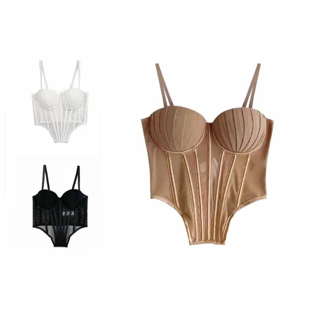 Camisola transparente elegante sin mangas con tirantes, Tops cortos de espina de pescado, ropa de calle, corsé de malla sin mangas para mujer