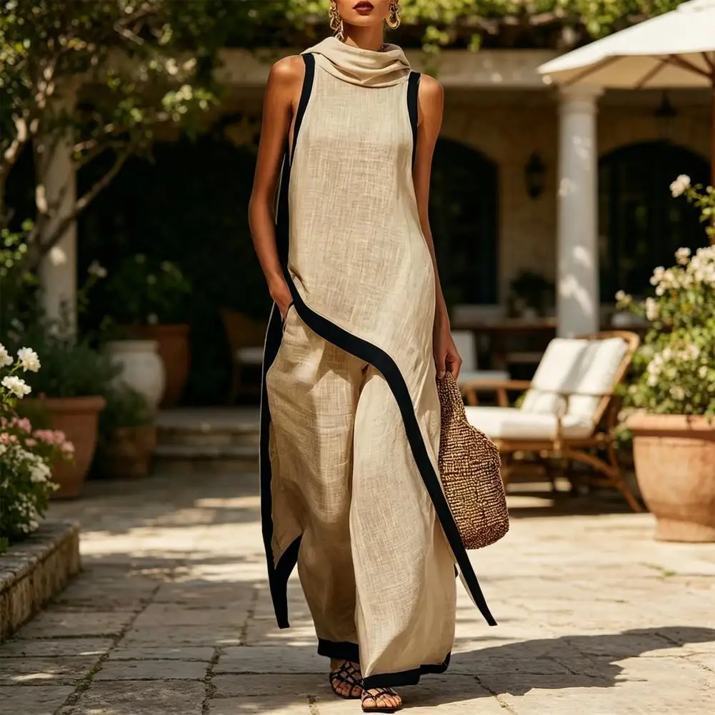 Women Fashion  Color Block Cotton Linen Two-Piece Outfit Asymmetrical Hem Mock Neck Sleeveless Top Wide-Leg Pants Vacation Sets