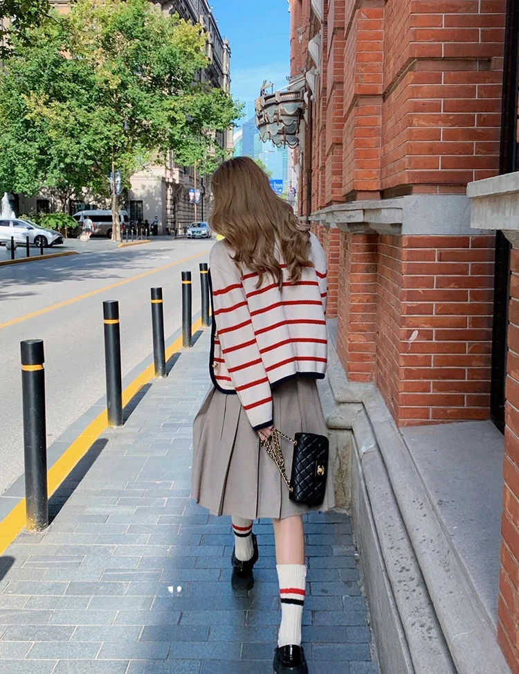 

Girls Heavyweight Woolen Striped Open Cardigan Knitted Sweater Sweet Sle Long Sve Loose Fit Top for Autumn Season
