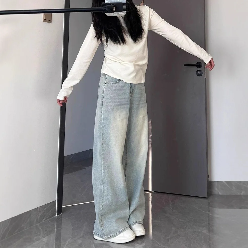 

Washed Vintage Straight Jeans Women Versatile Casual High Waisted Light Blue Denim Pants Woman Streetwear Wide Leg Trousers