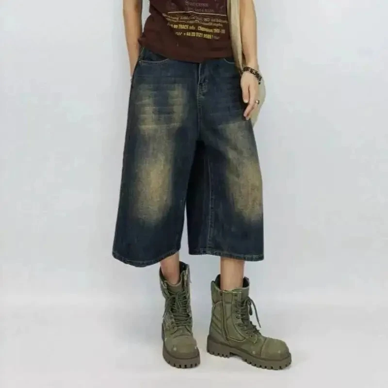 

Men's American Wide Leg Denim Cropped Knee Length Pants New Summer High Street Loose Straight Vintage Blue Shorts 9X3632