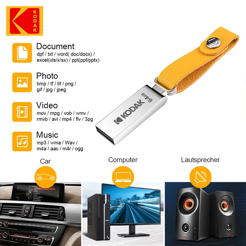 Kodak K122 Metalen Flash Drive Usb 2.0 Pendrive 32Gb 64Gb 128G Mini U-Disk Geheugen Usb2.0 Hoge Snelheid Voor Pc Auto 'S Lanyard