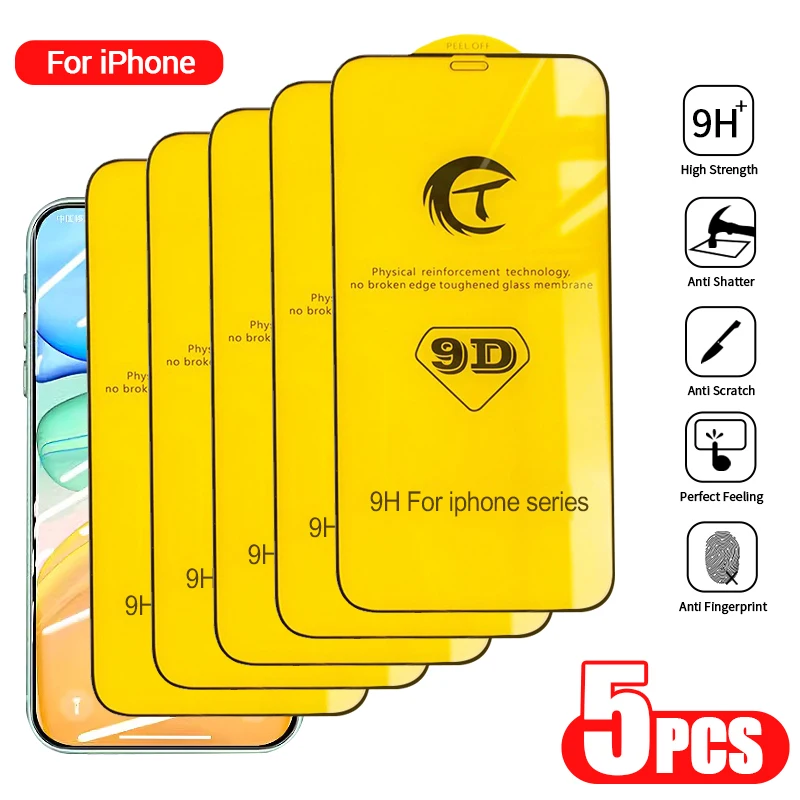 5 piezas Protector de pantalla 9D para iPhone 15 14 13 12 11 Pro Max, vidrio protector para iPhone X XR XS Max 6 6s 7 8 Plus, vidrio templado