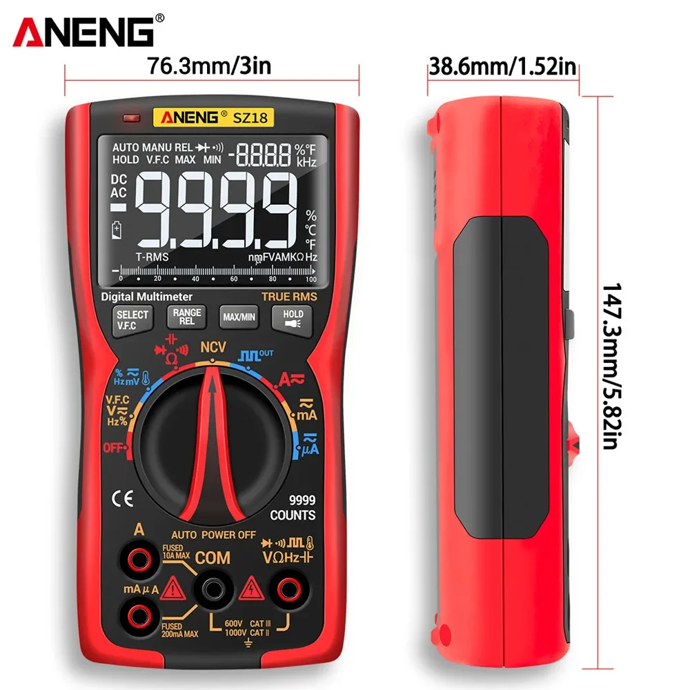 Imagem -06 - Aneng Multímetro Digital Profissional True Rms Testador Analógico Transistor Faça Você Mesmo Testadores Ncv Medidor Lcr Sz18 Pro 9999