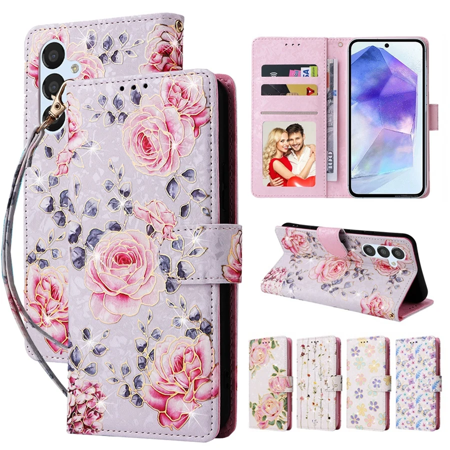 

Luxury Foil Printed Floral Wallet Case for Samsung Galaxy A14 A13 A12 A55 A35 A54 A34 A53 A33 Wristband PU Leather Flip Cover