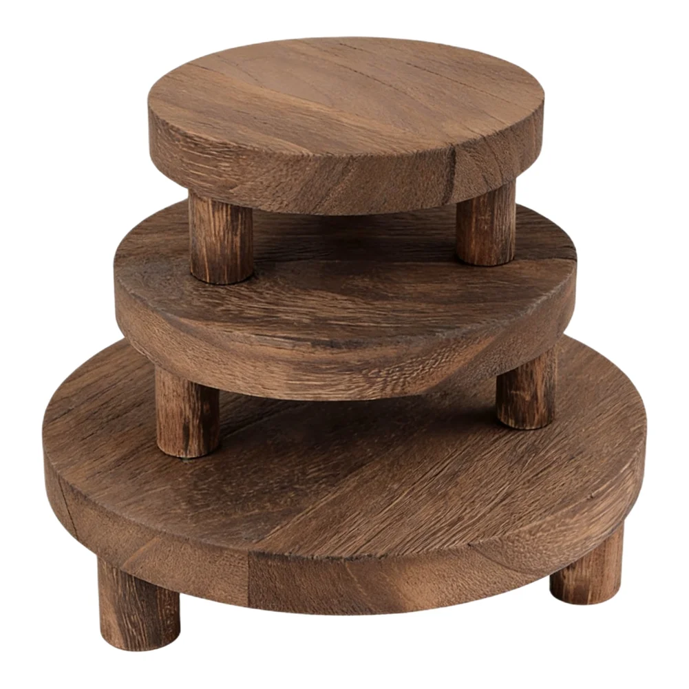 Wooden Round Plant Stand 3pcs Set for Flowers Candles Jewelry Display Home Garden Natural Wood Tray Riser Shelf