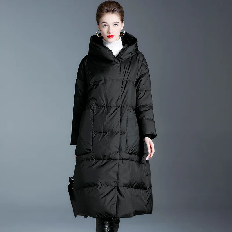Luxo de alta qualidade acolchoado jaqueta quente inverno feminino puffer jaqueta longo pato branco para baixo trench coat tendência casaco com capuz