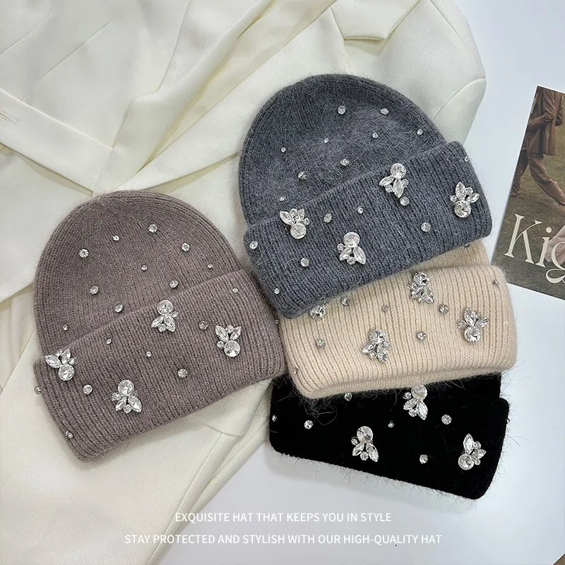 Luxury Rhinestone Knit Hat Women Winter New Korean Big Head Beanies Wind  Cold Warm Ear Protection Skullies Hat