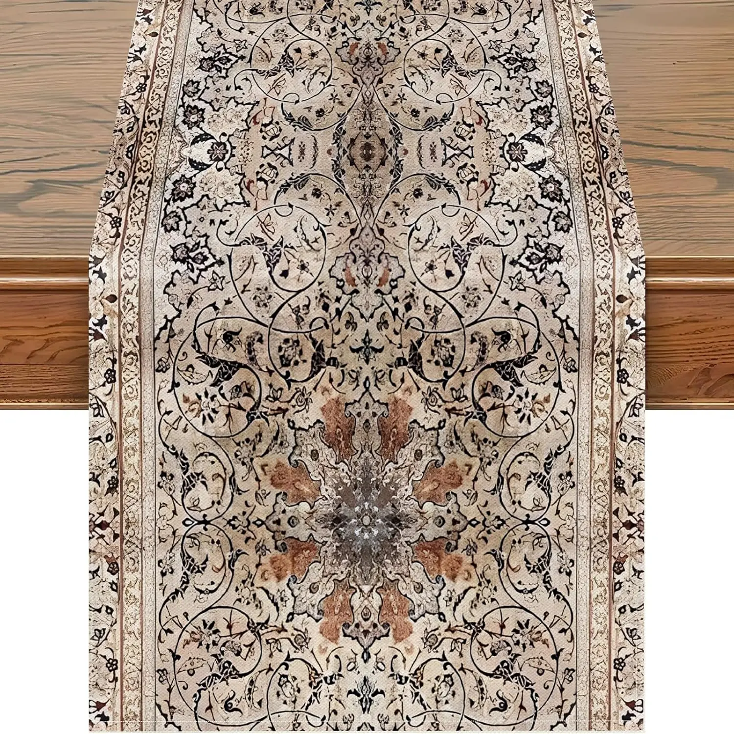 VIKAMA Luxus-Tischläufer mit persischem Blumenmuster, Beige und Braun, kompliziertes Muster, Esstischdekoration, Tischdecke für Zuhause