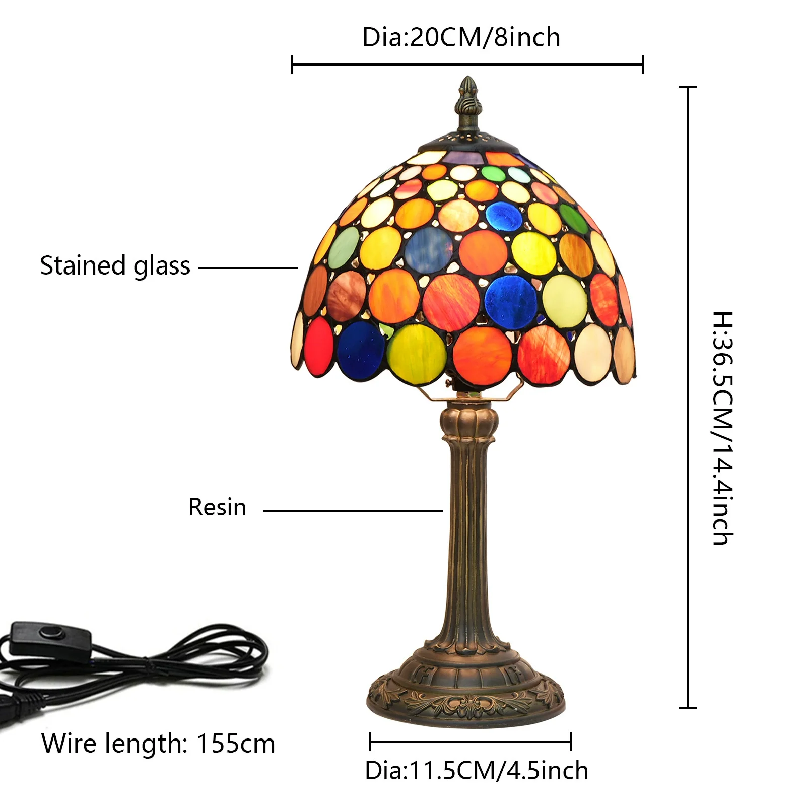 8inch 20cm Tiffany Stained Glass Table Lamp Dazzling Round Colorful Lampshade Bedroom Bedside Desk Lamp