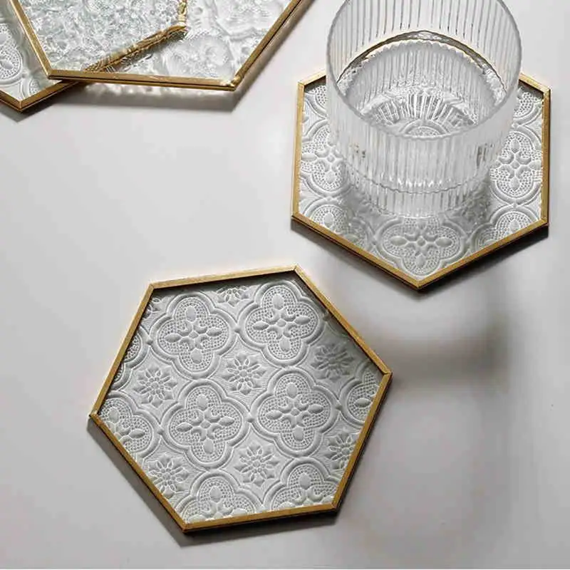 Ins European Retro Window Grille Glass Coaster Gold Copper Embossed Pattern Hexagonal Glass Coaster Dining Insulation Pad