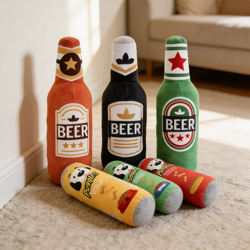 Simulierte Bierflasche Plüsch-Hundespielzeug mit Quietschgeräusch, Bissresistent, Zahnreinigung, Langeweile-Bekämpfung, Interaktion