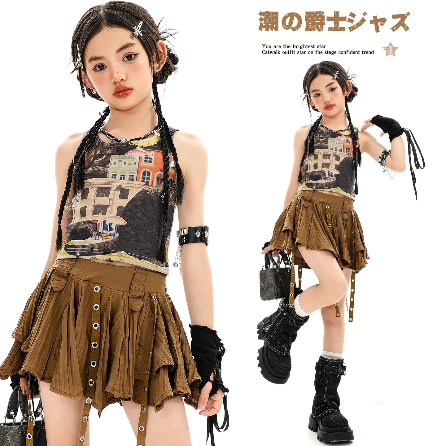 Mädchen Hip Hop Crop Tops Braune Jeans Kinder K-Pop Kleidung Stufenröcke Street Dance Kleidung Sets Kinder Mädchen Gruppe Kostüme
