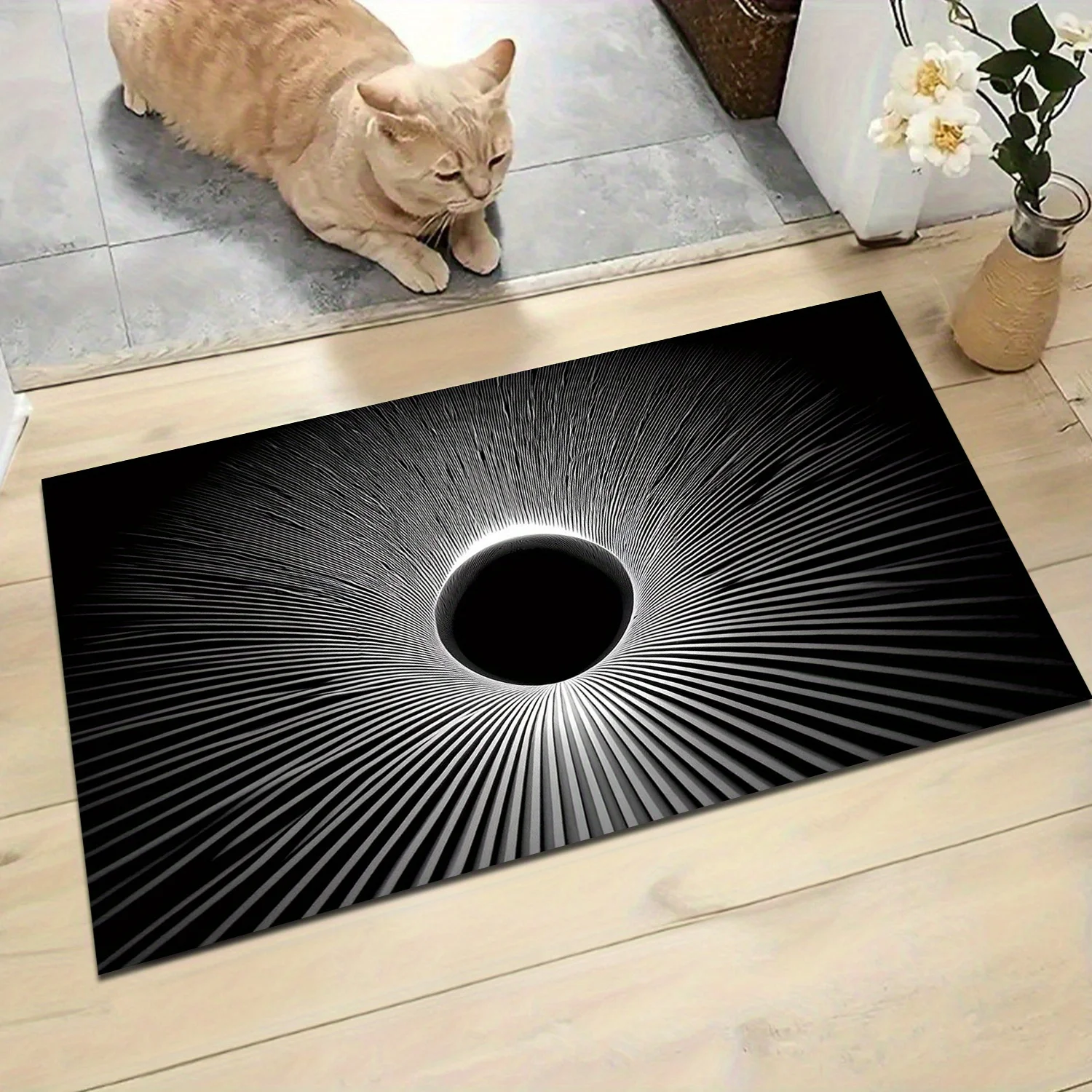 

1 шт. черно-белый напольный коврик с вращающимся узором, изготовленный из полиэфирной ткани, можно стирать в машине, подходит для декора спальни, гостиной