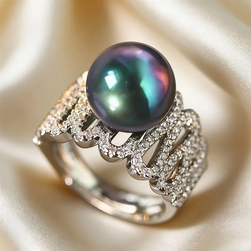 Huitan Fingerring mit künstlichen Perlen für Damen, Hochzeit, Party, Schmuck mit brillantem Zirkonia, modisches, charmantes Zubehör