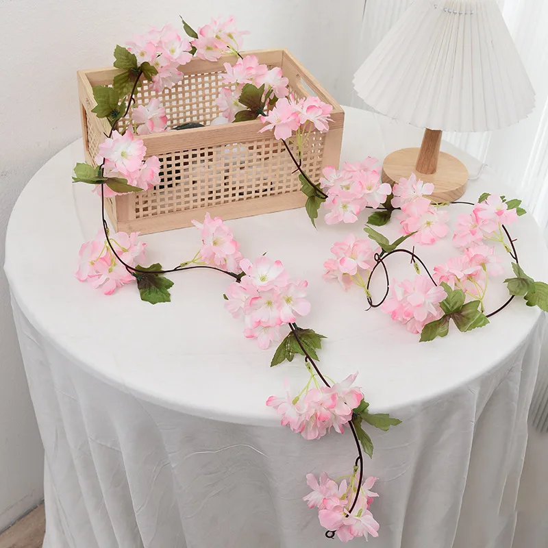 230cm Pink White Cherry Blossom Silk Artificial Vine Sakura Hanging Flowers For Wedding Home Wall Decoration Fake Leavse Garland