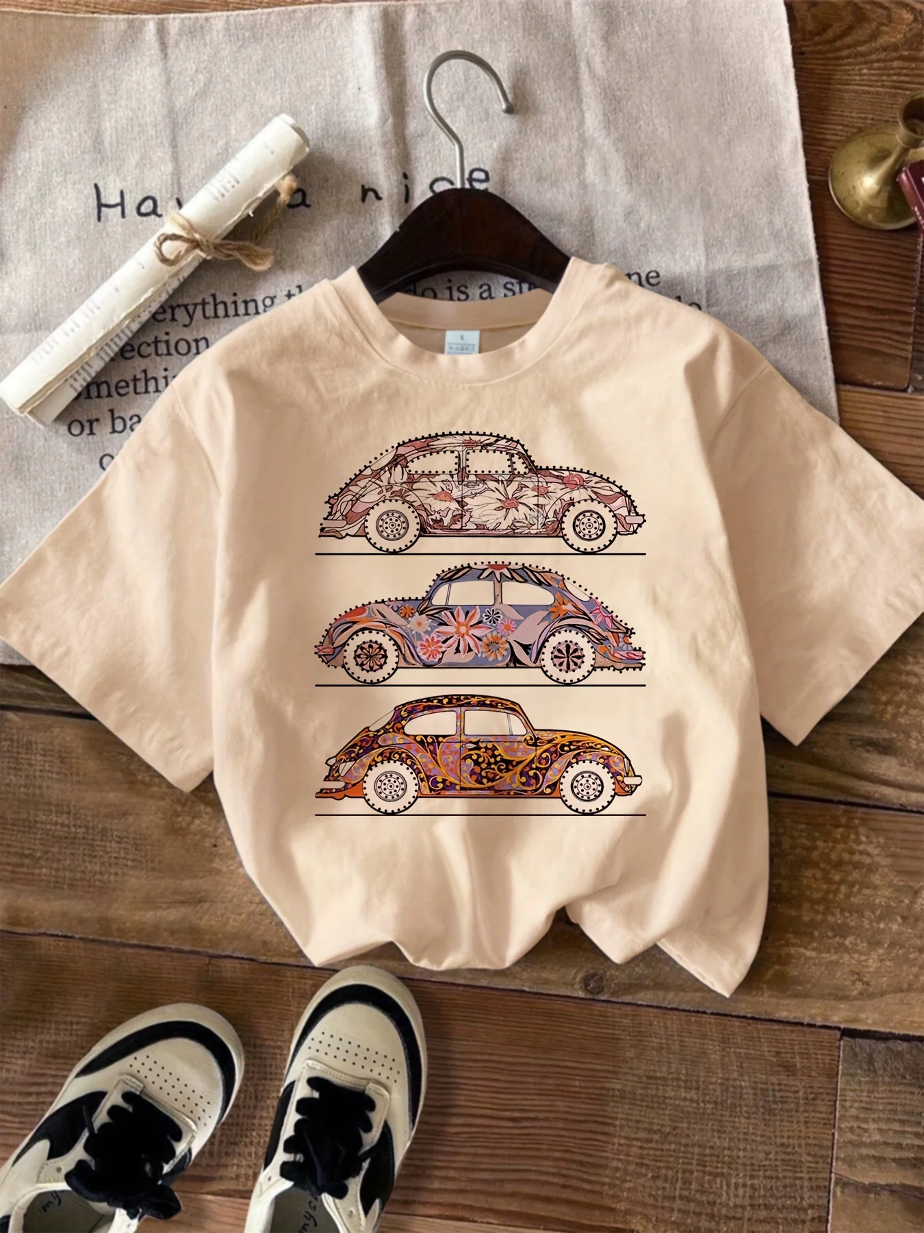 Women's  T-shirt Round Neck Vintage Floral Beetle Car Print Short Sleeve Casual Retro Summer Women Clothes