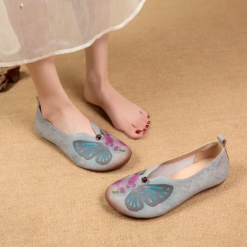 

Женская обувь из мягкой кожи в стиле ретро, туфли в этническом стиле с цветочным принтом, с круглым носком, на низком каблуке, с неглубоким носком, удобные туфли на плоской подошве