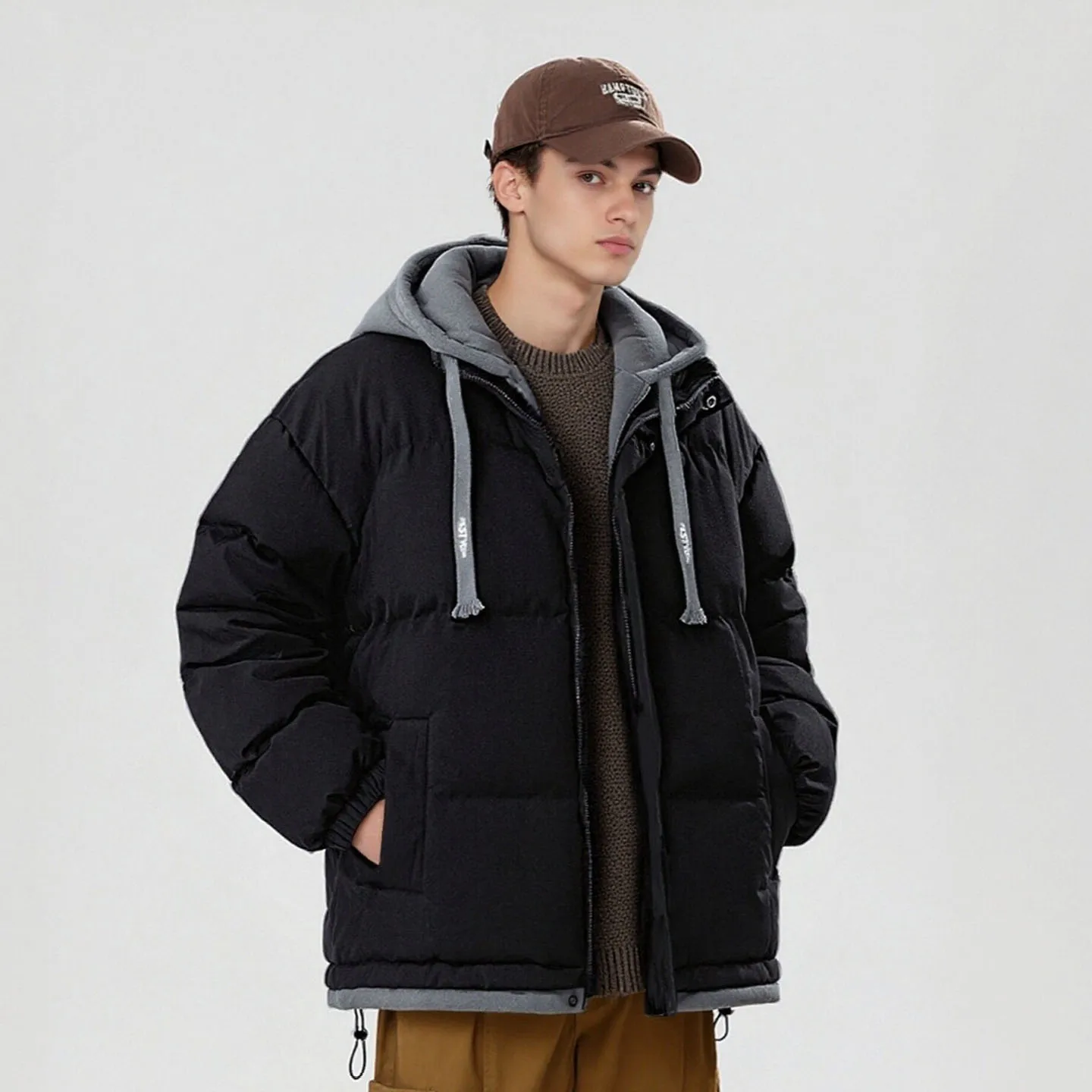 Winter Fake 2 Pcs Cotton Jacket For Men Contrasting Color Thicken Hooded Coat Korean Casual Fashion Splicing Warm Jackets