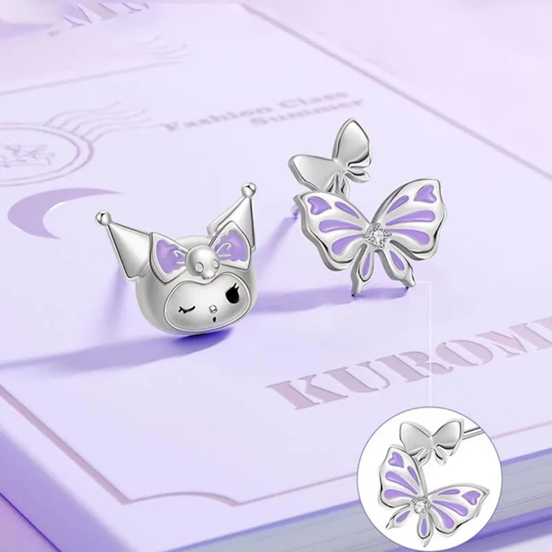 Miniso Sanrio Earrings Kuromi 925 Silver Needle Cute Sweet Butterfly Asymmetric Senior Design Earrings Toys Girl Birthday Gift