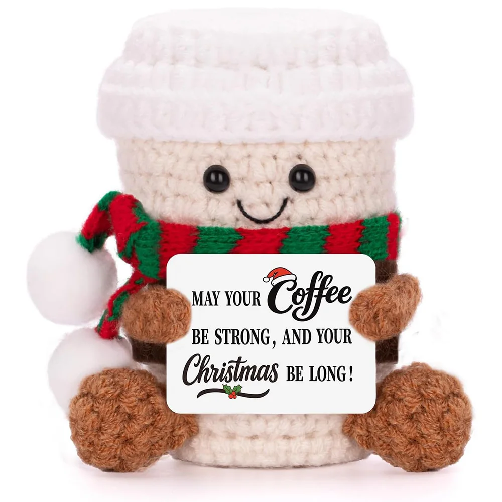 Crochet Emotional Support Xmas Coffee Doll With Card Desktop Ornament Handmade Knitted Coffee Dolls Christmas Gifts Home Decor