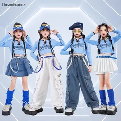 Girl Hip Hop Crop Top Cargo Denim Pants Children Tiered Jeans Skirts Kid Streetwear Jazz Street Dance Costume K-pop Clothes Sets