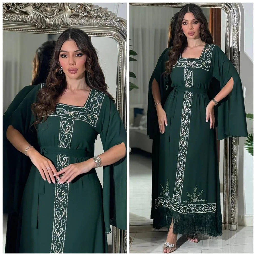 Eid Mubarak Moslim Vrouwen Abaya Maxi Jurken Jalabiya Diamanten Kwastje Gewaad Ramadan Dubai Islam Kaftan Caftan Party Avondjurk