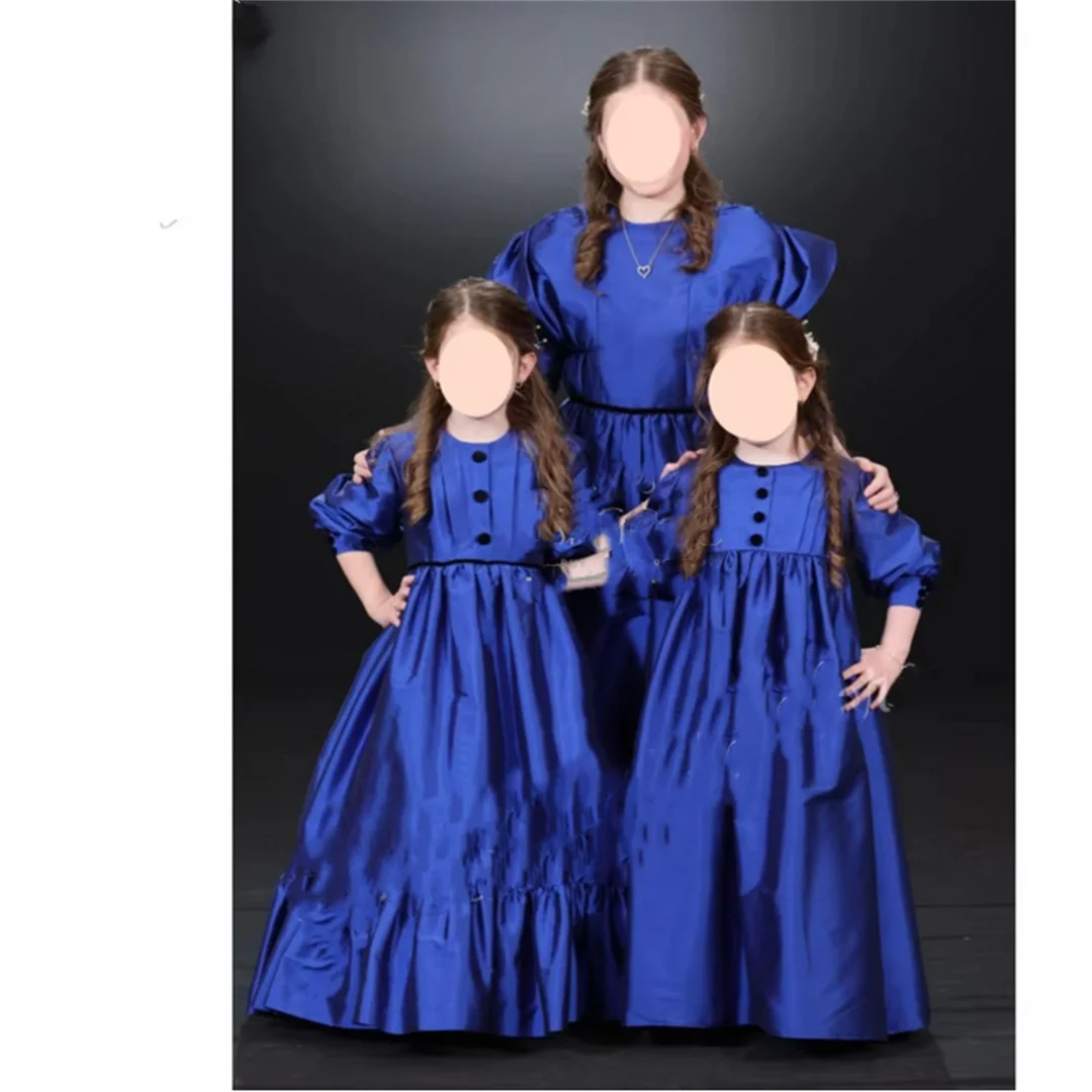 Royal Blue O Neck Puffy Flower Girl Dress For Wedding 3/4 Sleeves O Neck First Communion Kids Birthday Party Dress