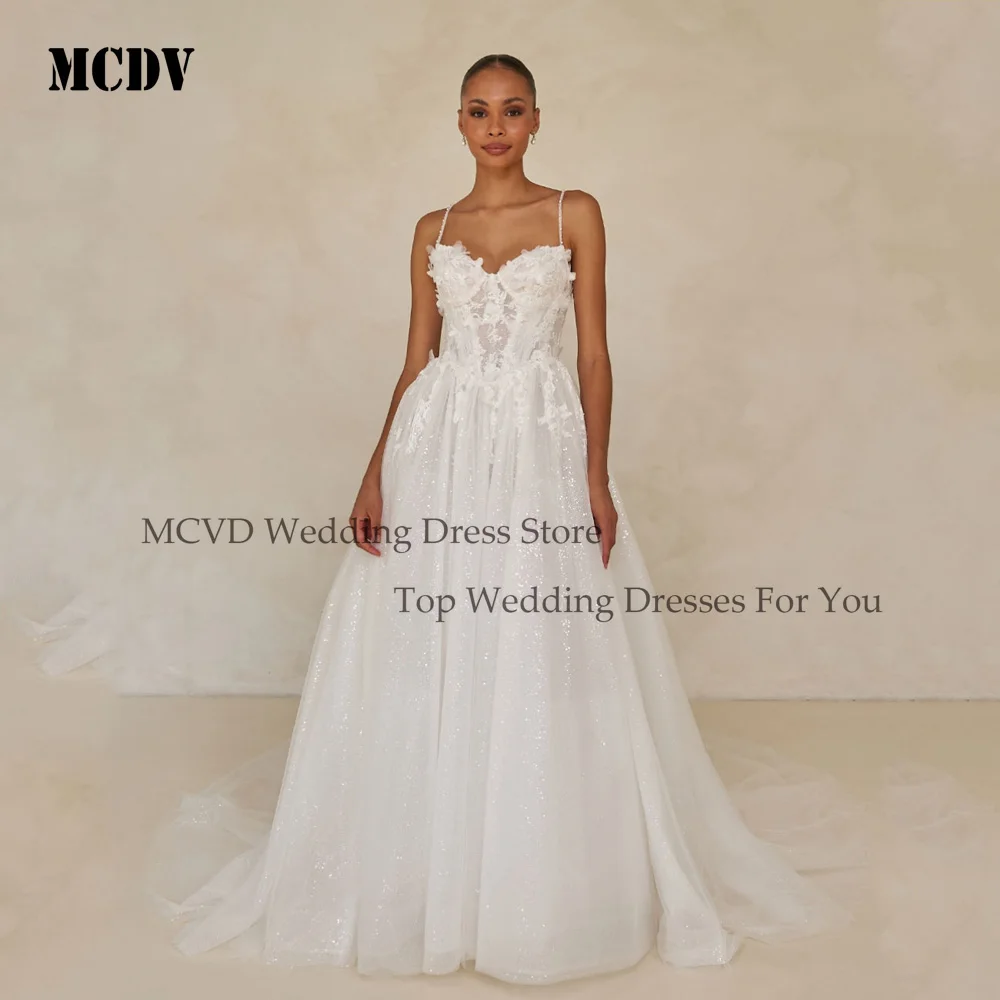 

MCDV Wedding Dresses Spaghetti Straps Glitter Beaded Tulle Bride Gown Split Backless Applique Shiny vestidos de novia Customized