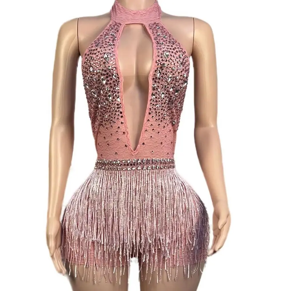 

Sparkly Stones Tassel Leotard Nightclub Dance DS Show Stage Wear Stretch Backless Bodysuit Party Female Singer Outfit Shengxia