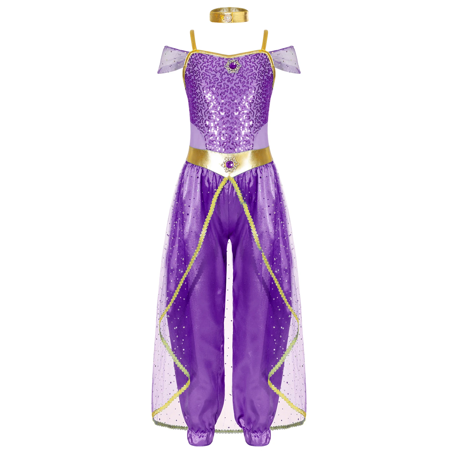 

Children Girls Arabian Princess Dresses Shiny Sequin Arabic Indian Belly Dance Jumpsuit for Halloween Carnival Party Fancy Dress